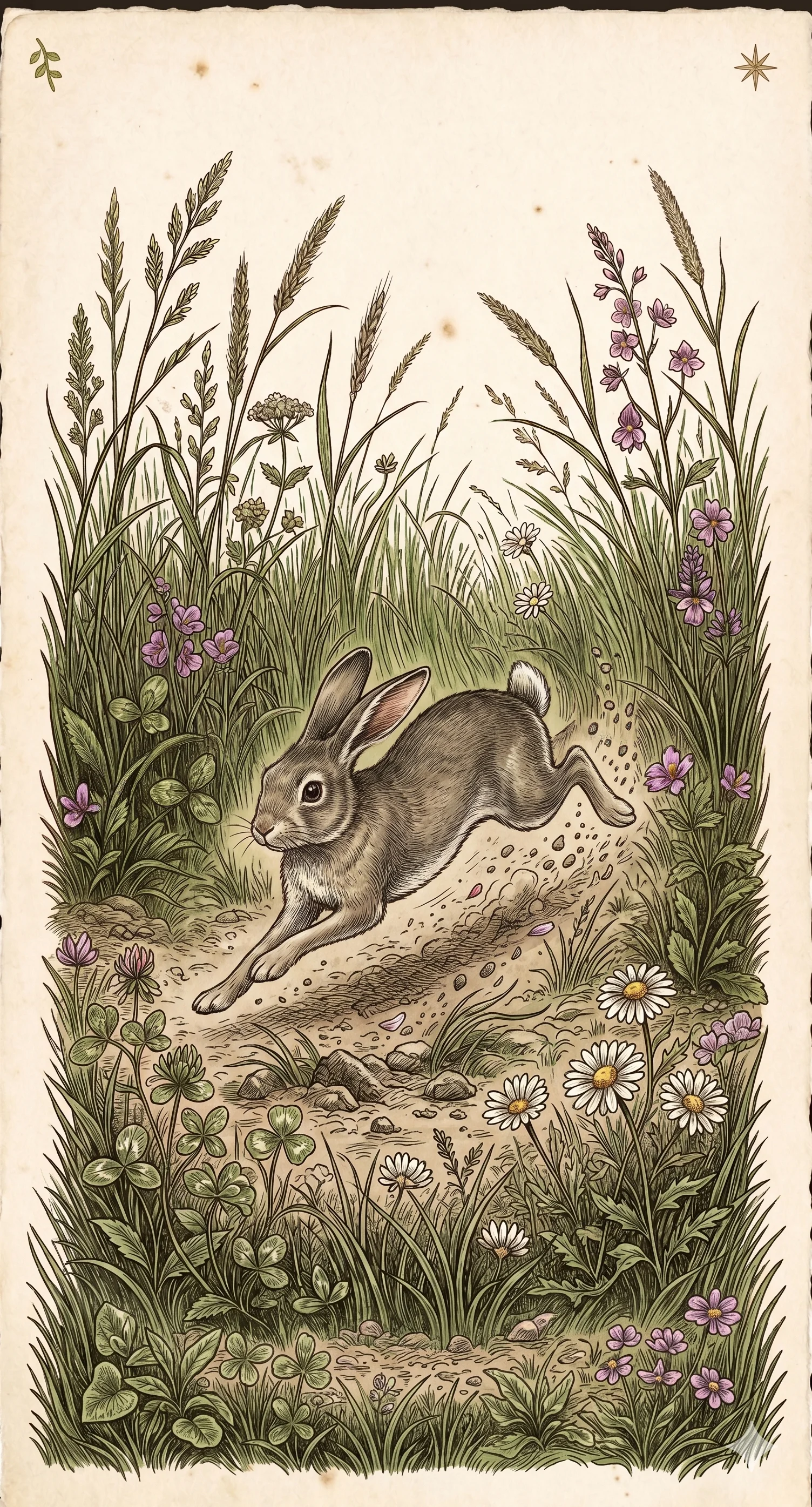 A vintage botanical illustration of a young hare leaping through a meadow of wild grasses, daisies, and pink wildflowers.