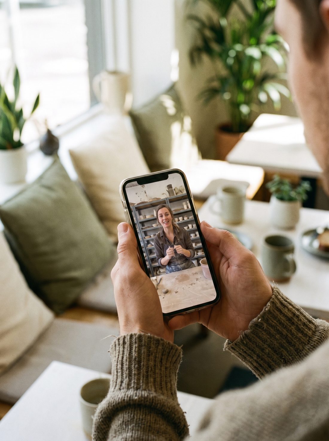 Watching a short-form business video on a phone