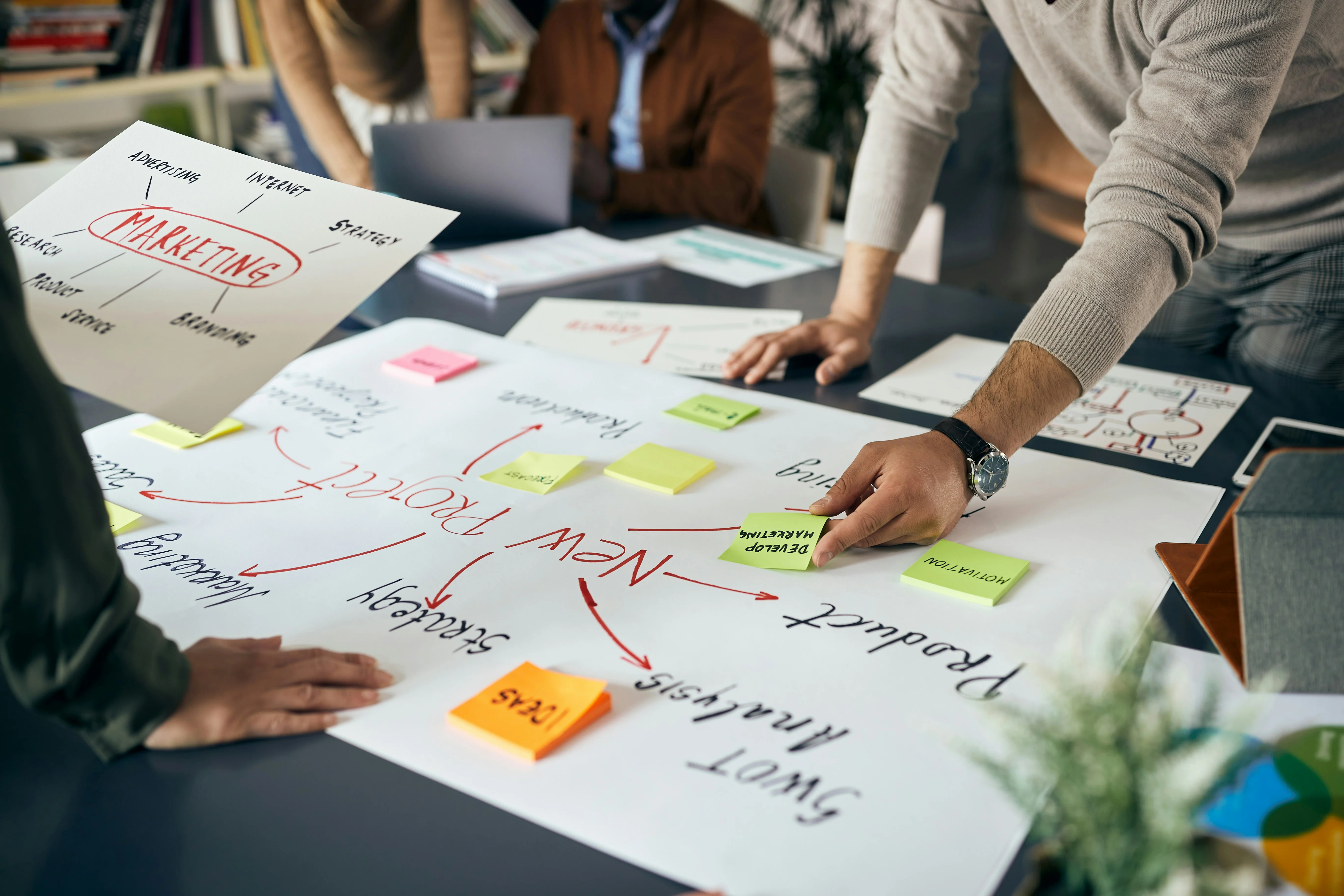 A team mapping a marketing plan on a large sheet with sticky notes
