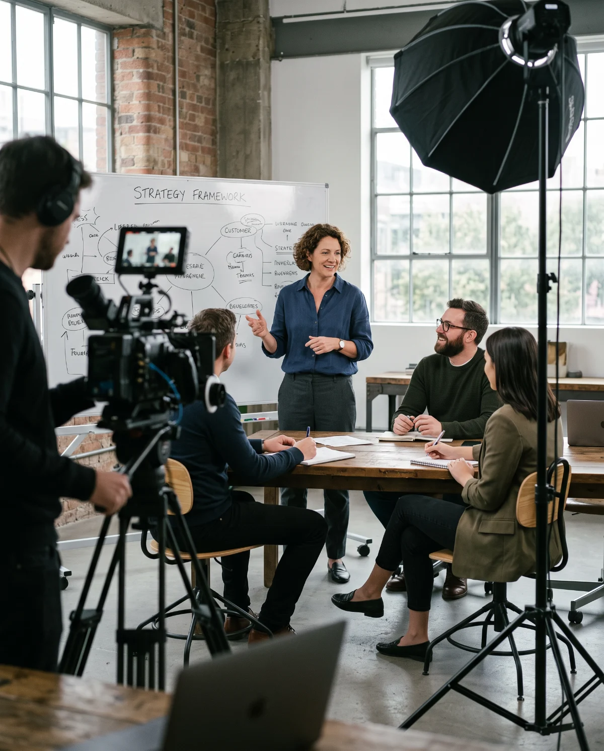 An instructor teaching a small group while a video crew films the session