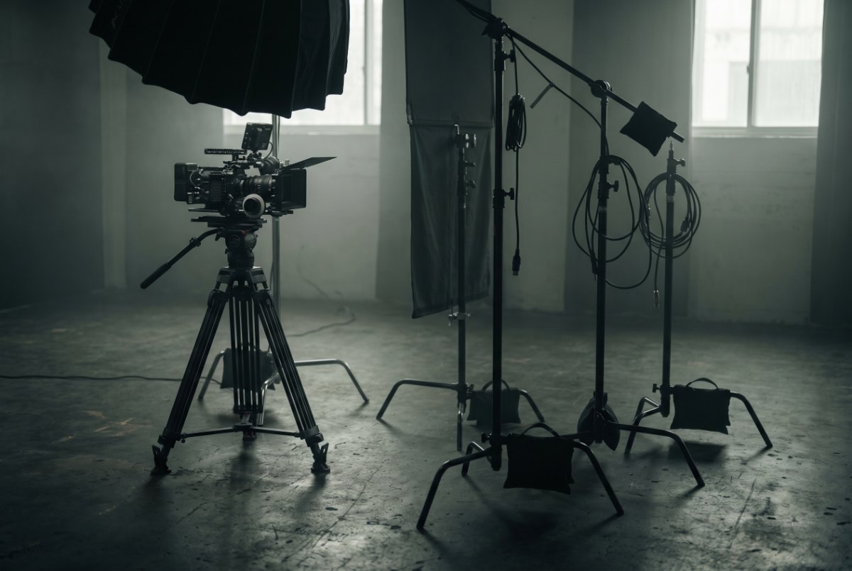 A lighting and camera setup on a studio floor