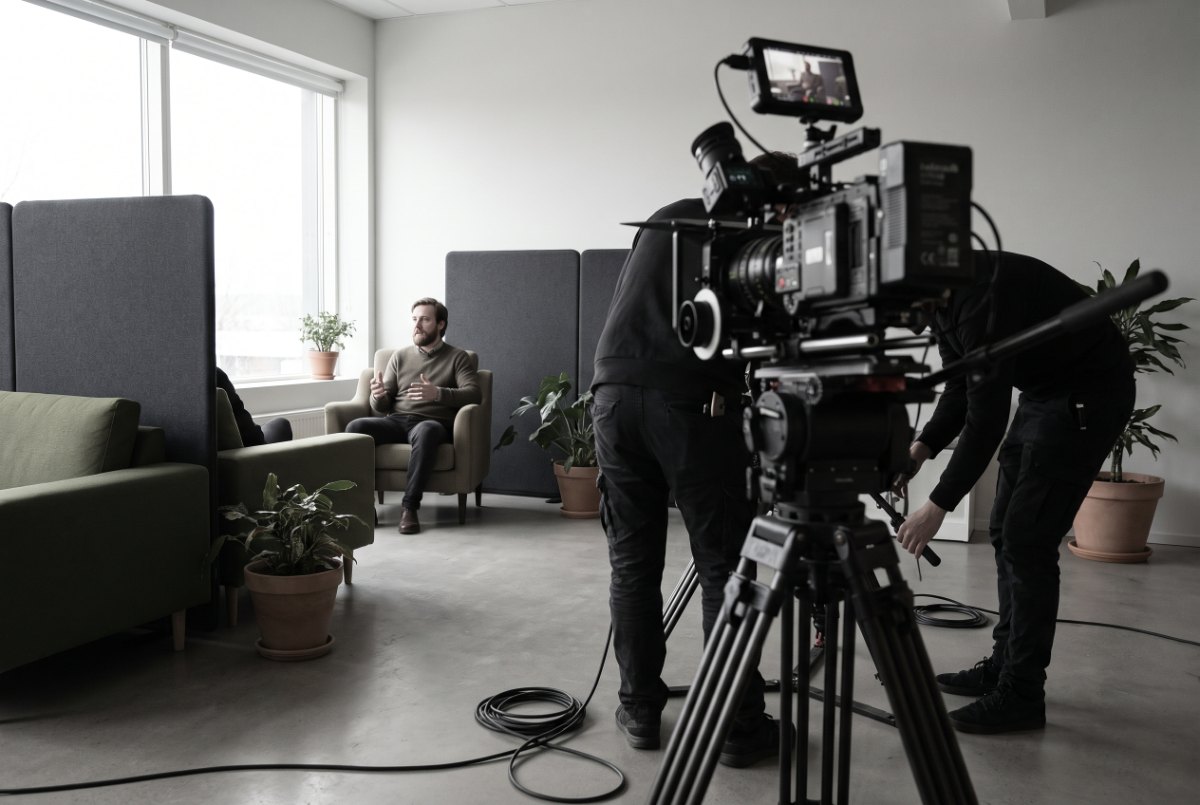 A film crew filming a founder interview