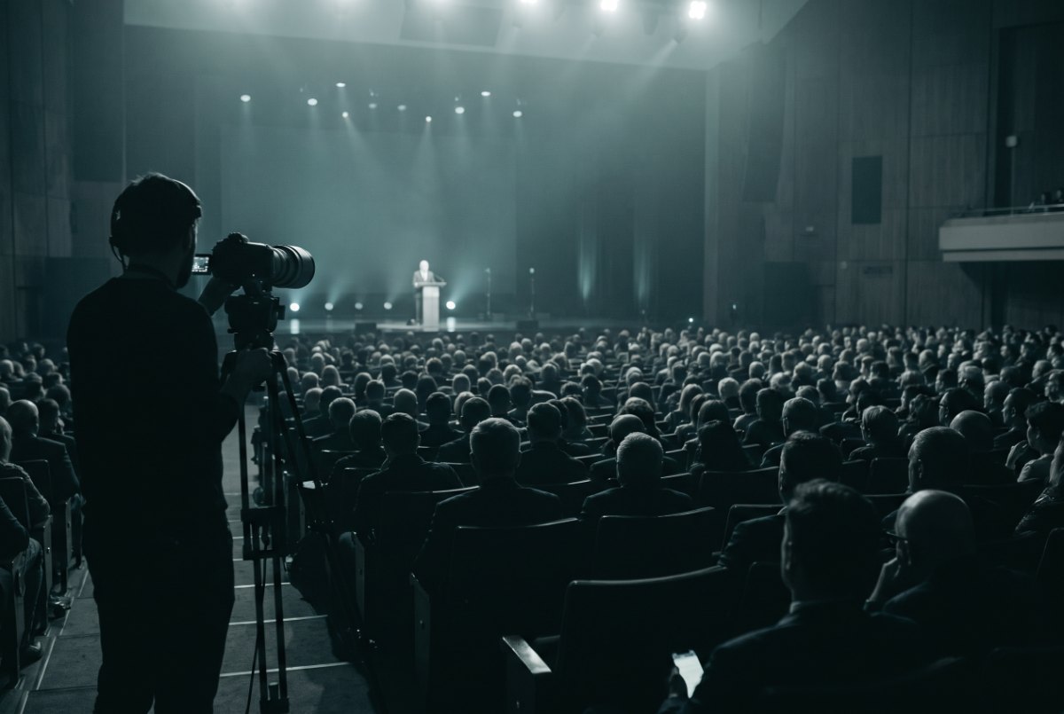 A large conference audience in an auditorium facing a lit stage