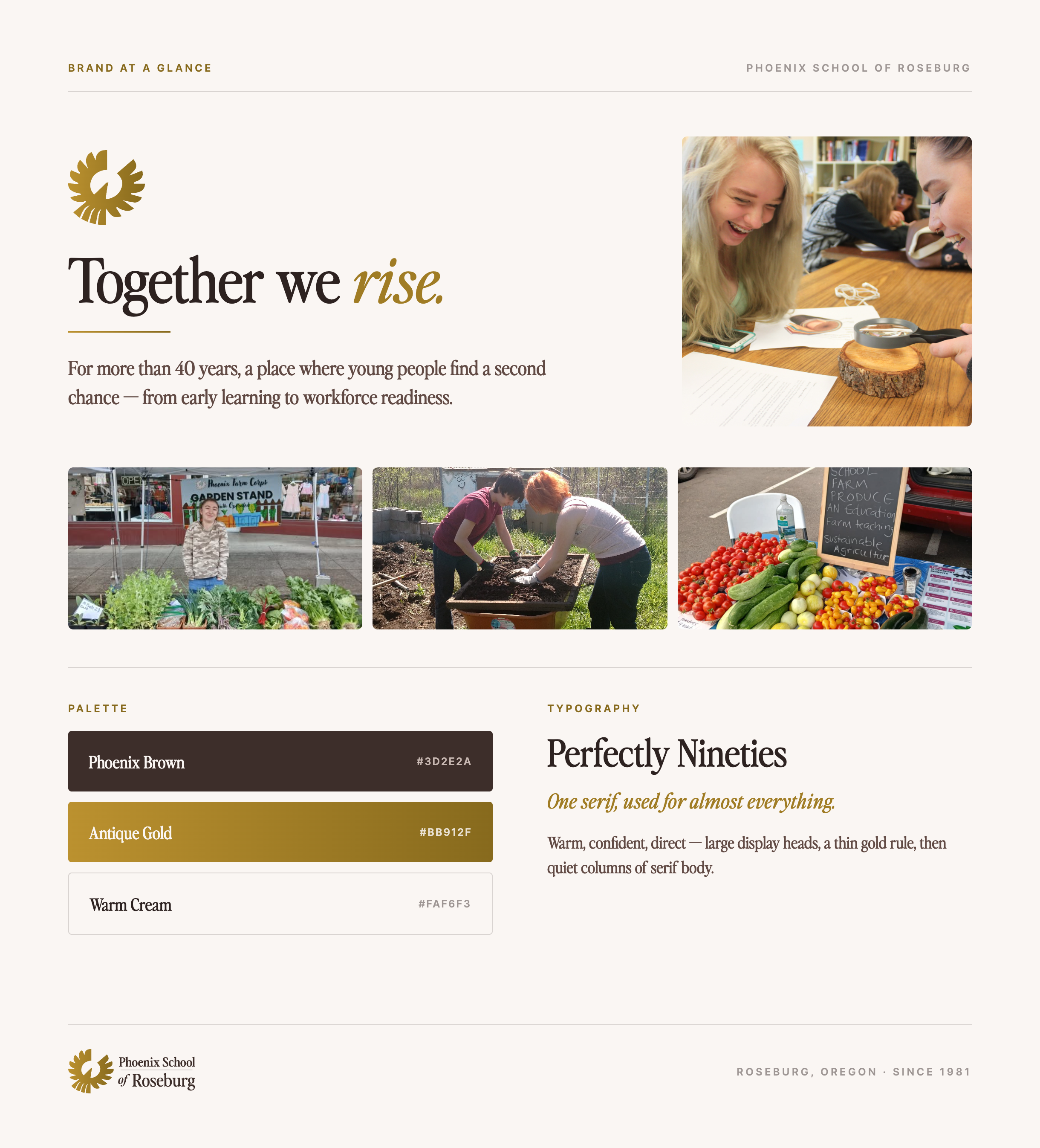Phoenix School of Roseburg, brand refresh overview with palette and typography