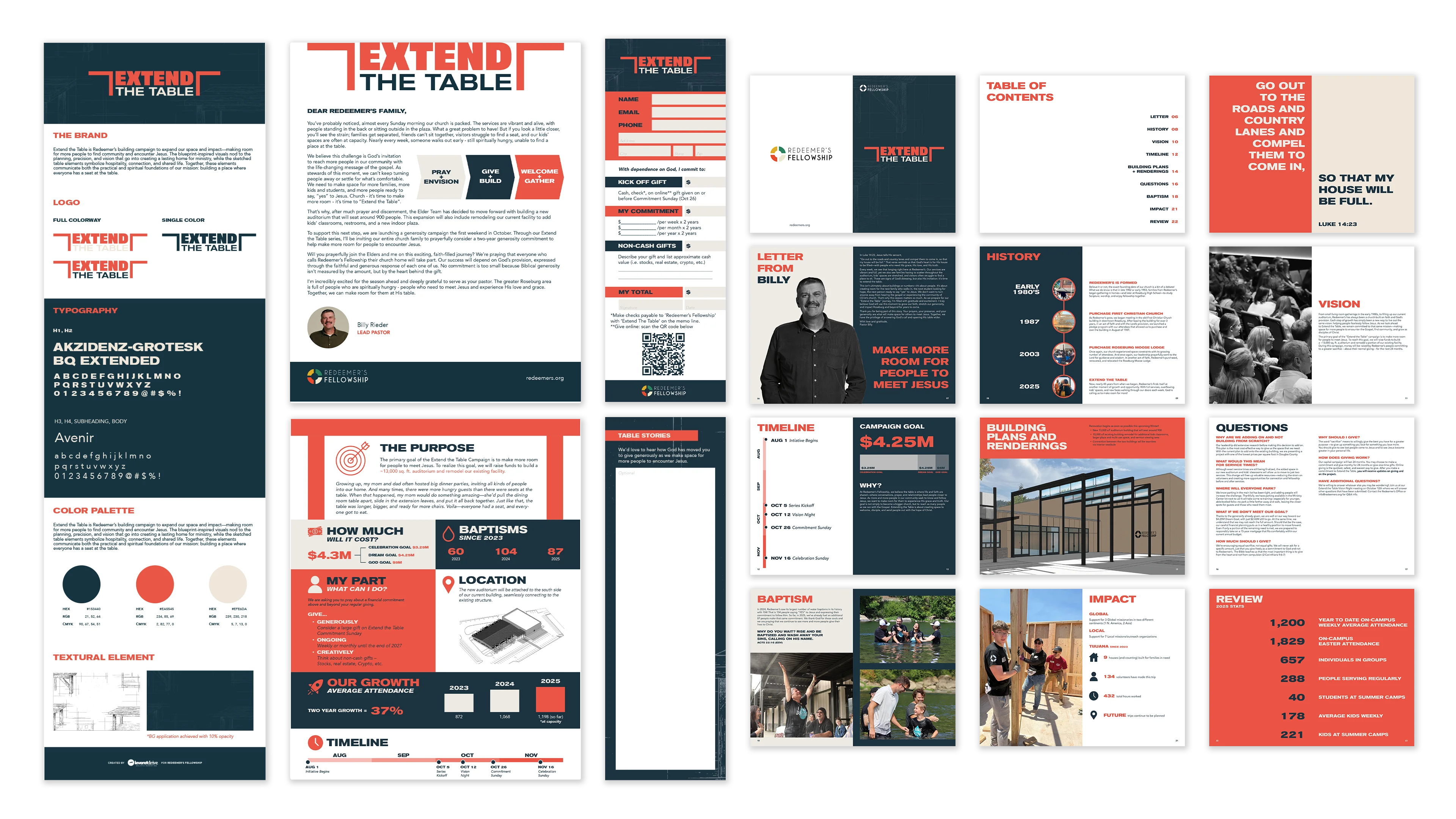 Redeemer's Fellowship, Extend the Table capital campaign: brand guide, pastor letter, commitment card, and vision book spreads