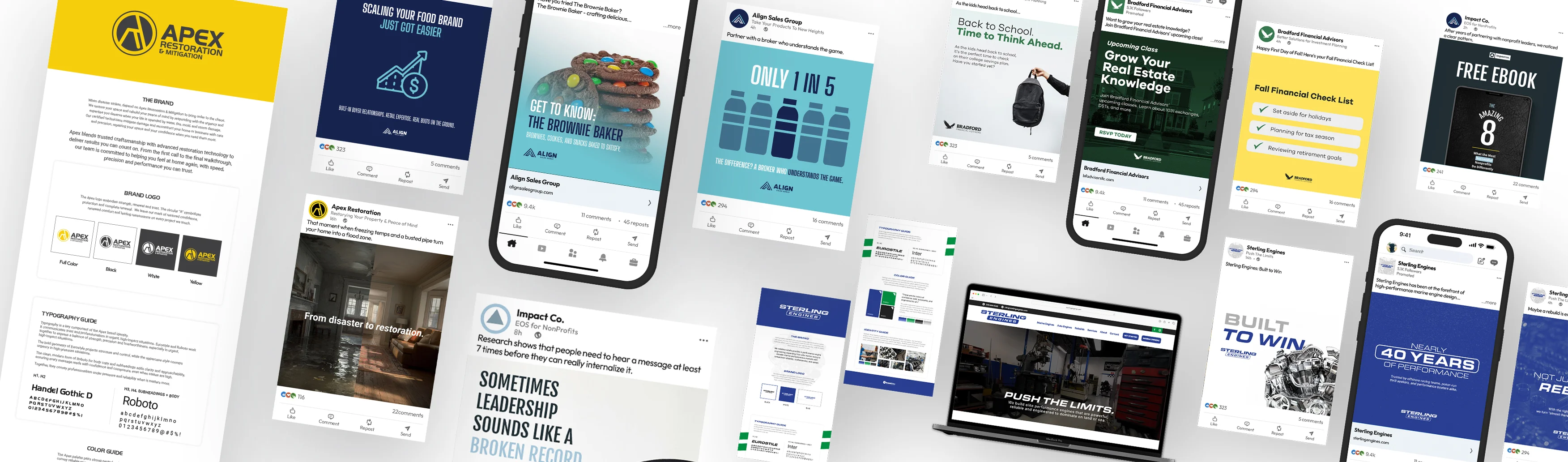 Social campaign posts, brand guides and web pages across several client brands
